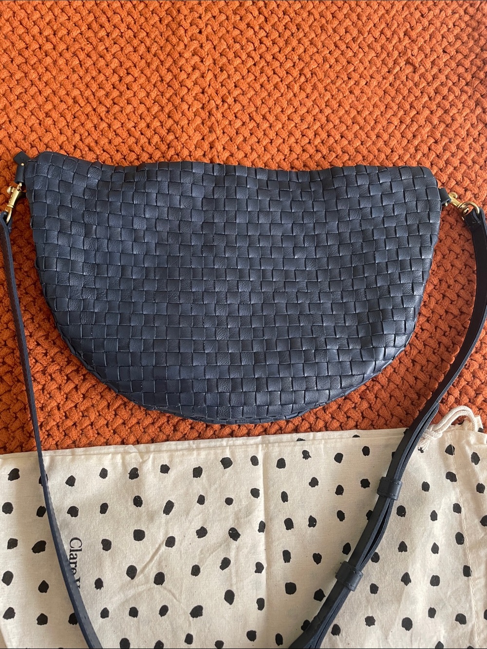 Clare V Navy Woven Crescent Crossbody with Gold Charm - Picture 4 of 6